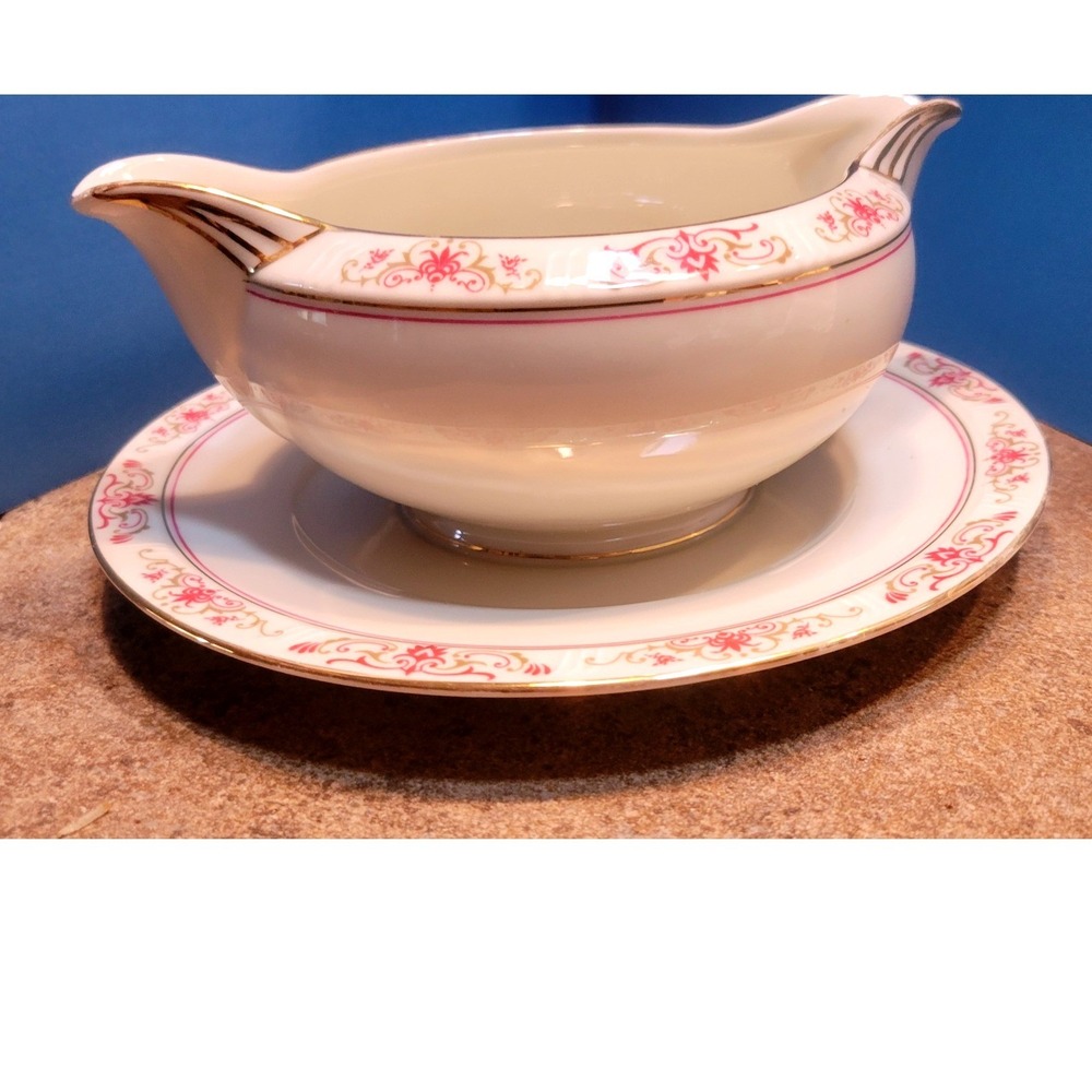 Coronado H&C Bohemia Gravy Boat Attached Underplate Pink Gold Czechoslovakia - Picture 5 of 9